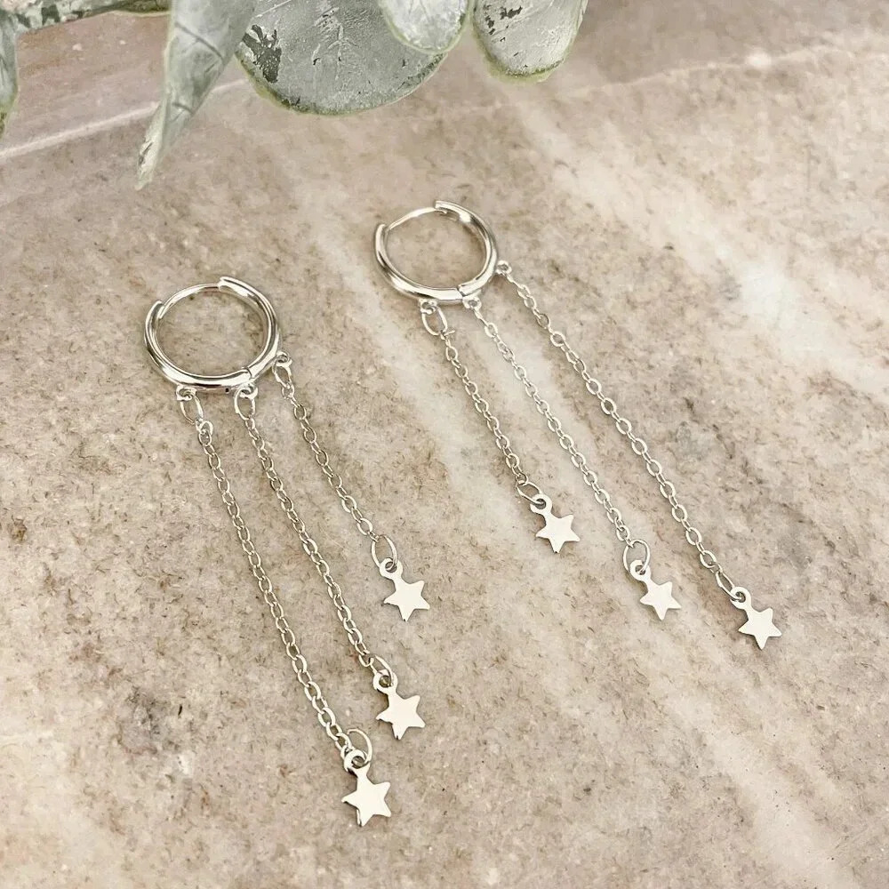 925 Sterling Silver Star Huggie Earrings Dangle Star Drop Earrings Hoop Huggies - Picture 2 of 6